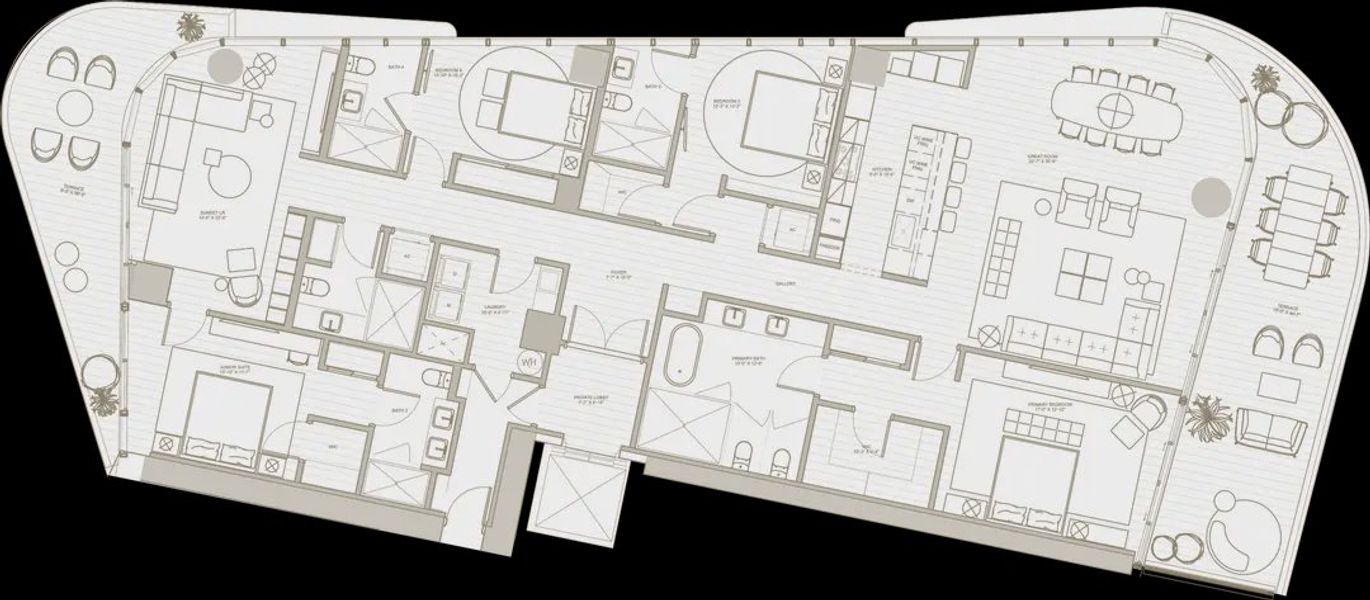 2D floor plan layout for the Residence 4 by Fortune International Group in The Ritz-Carlton Residences, Pompano Beach - The Beach Tower, Pompano Beach, FL (Image 1).
