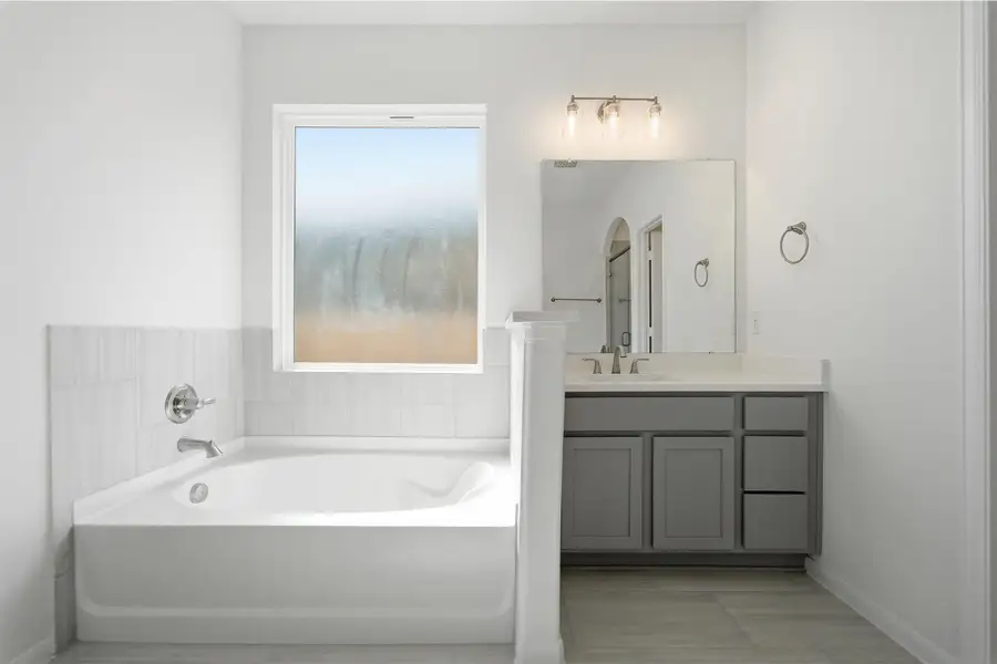 Full bathroom featuring vanity and a garden tub