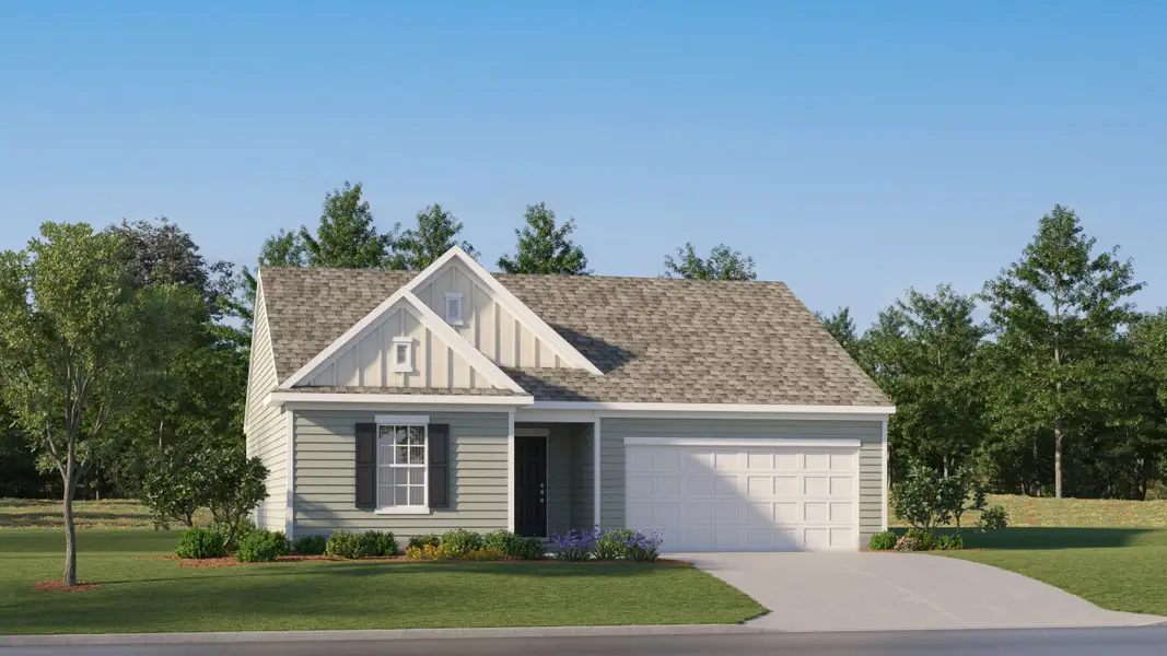 Front exterior of a new home in Bakers Creek: 40' Dream, Kannapolis, NC, highlighting curb appeal (Image 1). Front exterior of a new home in Bakers Creek: 40' Dream, Kannapolis, NC, highlighting curb appeal (Image 1).