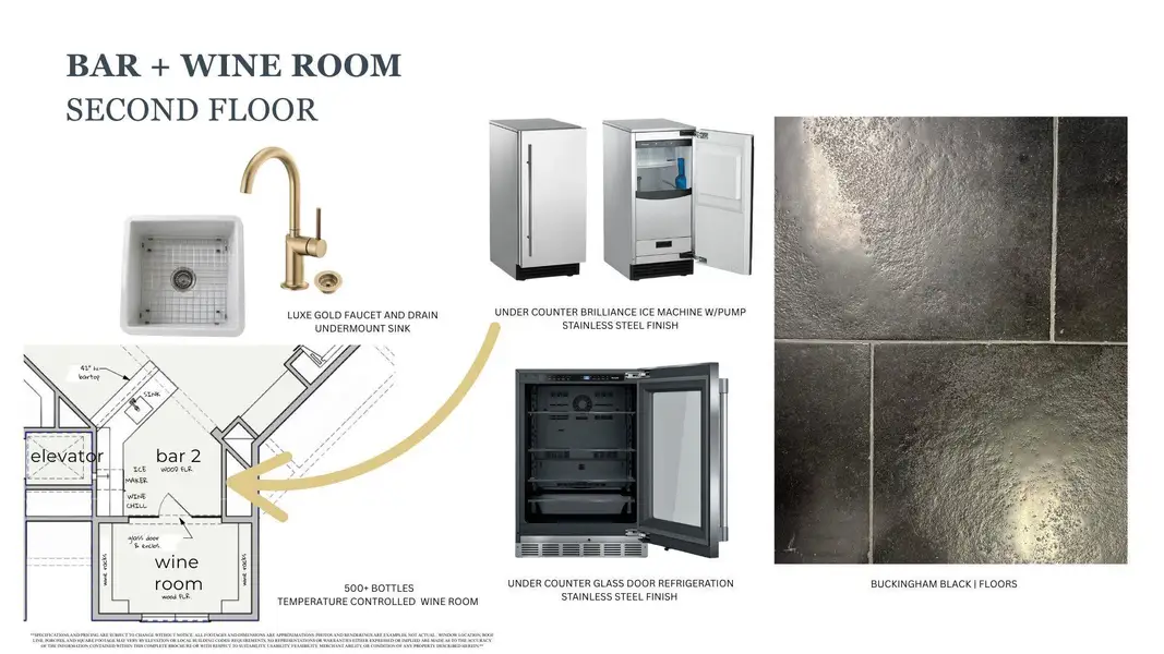 Sophisticated second-floor Bar with Luxe Gold Fixtures, stainless steel refrigeration, and an adjacent Wine Room with storage for 500+ Bottles.