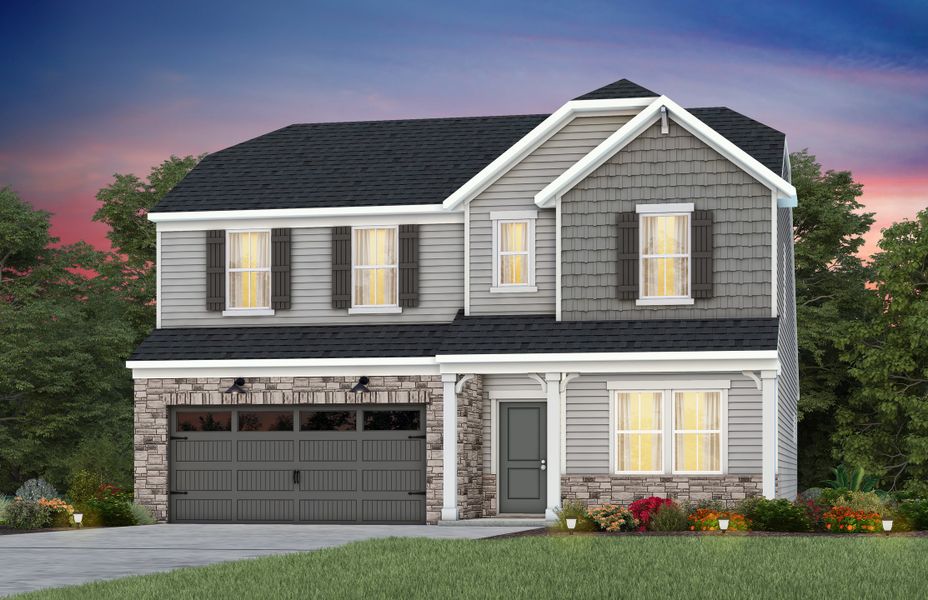 Front exterior of a new home in Riverstone, Monroe, NC, highlighting curb appeal (Image 14). Front exterior of a new home in Riverstone, Monroe, NC, highlighting curb appeal (Image 14).