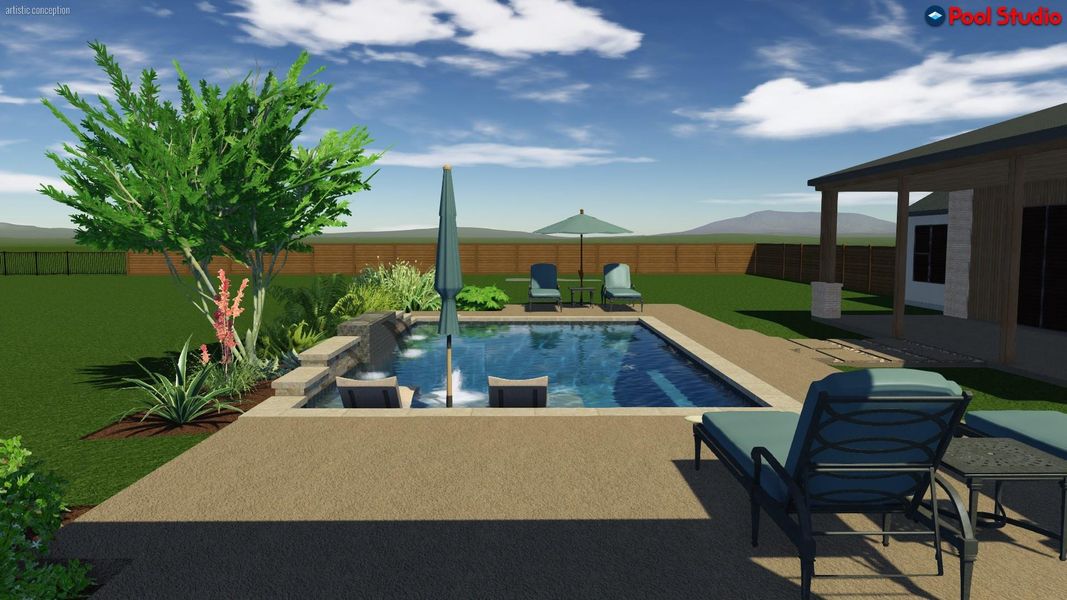 Rendering; View of swimming pool with a patio, a mountain view, and a fenced backyard Rendering; View of swimming pool with a patio, a mountain view, and a fenced backyard