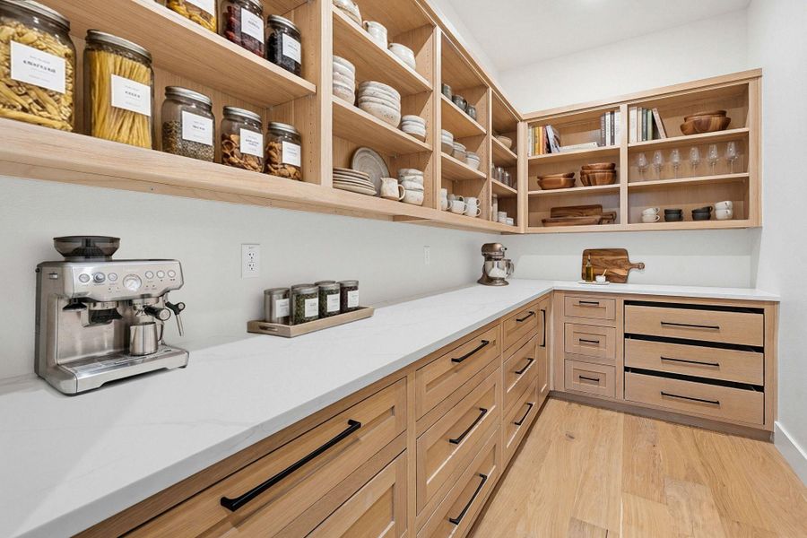 Extensive pantry featuring light wood-finish cabinetry, white countertops, and open shelving