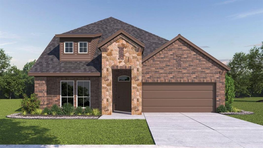 Front exterior of a new home in The Woods at Lindsey Place, Anna, TX, highlighting curb appeal (Image 1). Front exterior of a new home in The Woods at Lindsey Place, Anna, TX, highlighting curb appeal (Image 1).