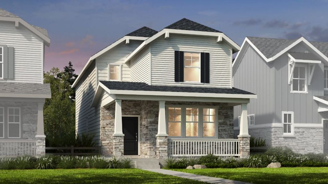 Front exterior of a new home in The Aurora Highlands, Aurora, CO, highlighting curb appeal (Image 13).