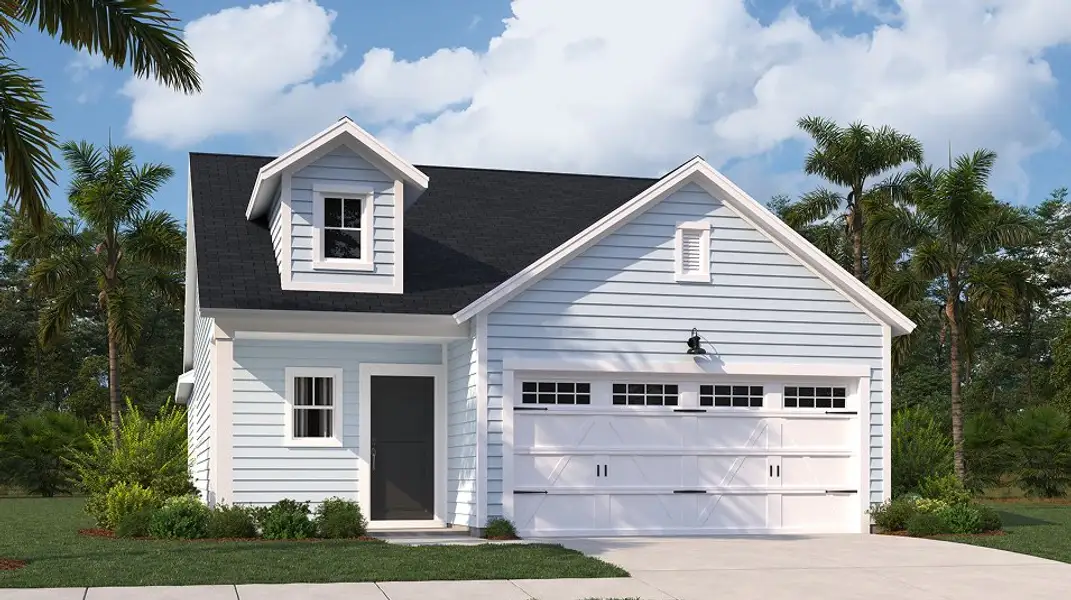 Front exterior of a new home in Horizons at Carnes Crossroads | 55+, Summerville, SC, highlighting curb appeal (Image 1). Front exterior of a new home in Horizons at Carnes Crossroads | 55+, Summerville, SC, highlighting curb appeal (Image 1).