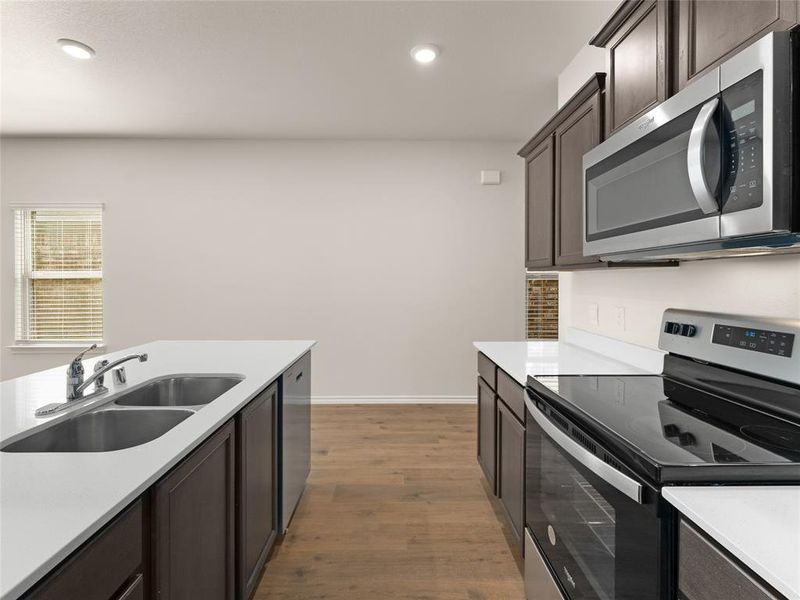 Kitchen featuring dark hardwood / wood-style floors, appliances with stainless steel finishes, sink, and dark brown cabinets