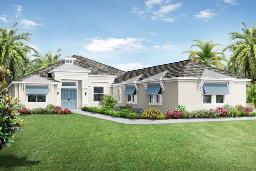 Representative exterior photo of a completed home built from the Grand Santa Maria 2 by Medallion Home in Hampton Lakes, Sarasota, FL (Image 1). Representative exterior photo of a completed home built from the Grand Santa Maria 2 by Medallion Home in Hampton Lakes, Sarasota, FL (Image 1).