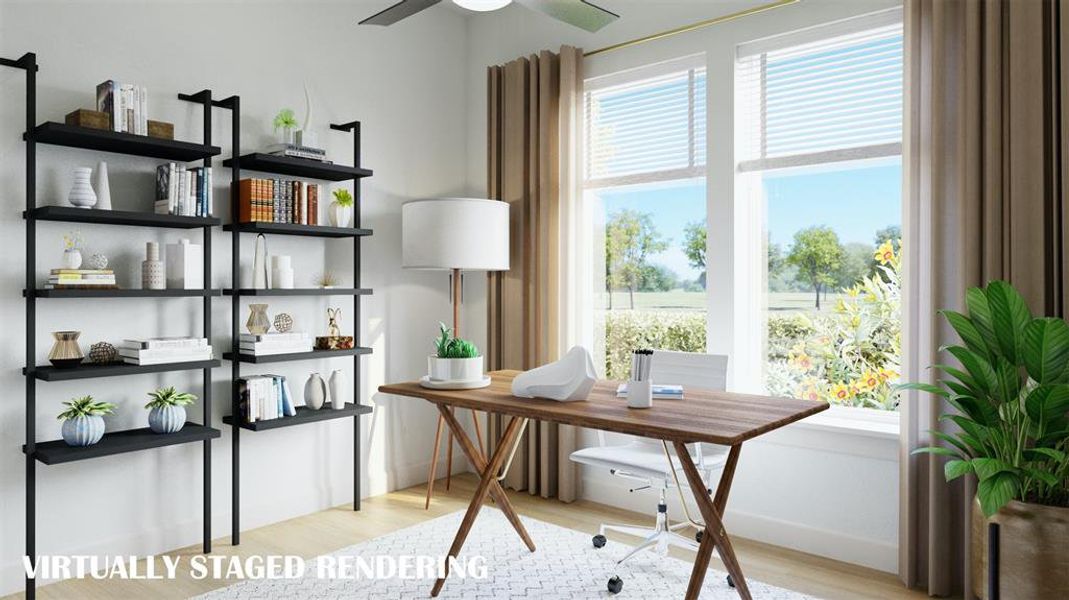 Light, bright an airy, this home office was designed for work or play!  VIRTUALLY STAGED RENDERING