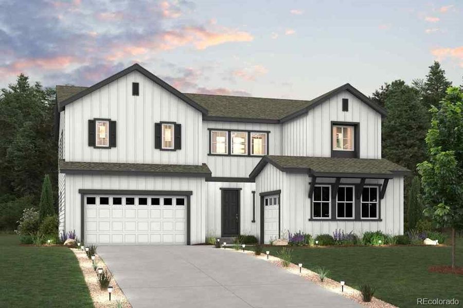 Front exterior of a new home in Prestige Collection at Parkdale Commons, Lafayette, CO, highlighting curb appeal (Image 1).