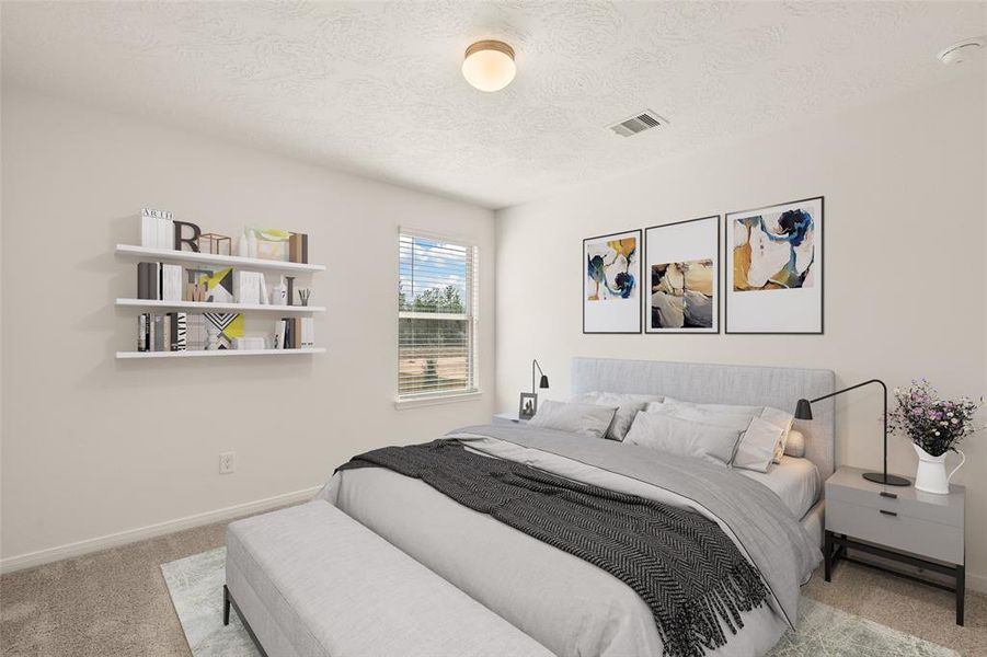 Secondary bedroom features plush carpet, custom paint and a large window with privacy blinds.