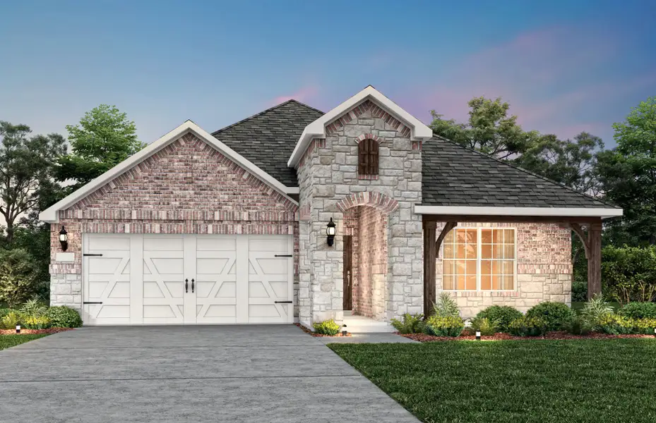 The Arlington, a one-story home with 2-car garage, shown with Home Exterior D The Arlington, a one-story home with 2-car garage, shown with Home Exterior D