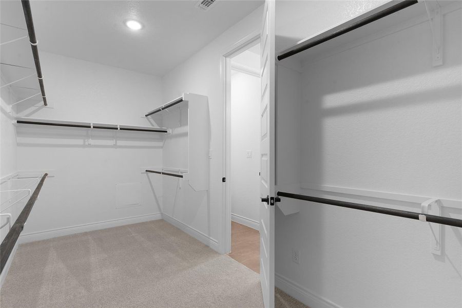 Walk in closet featuring light colored carpet