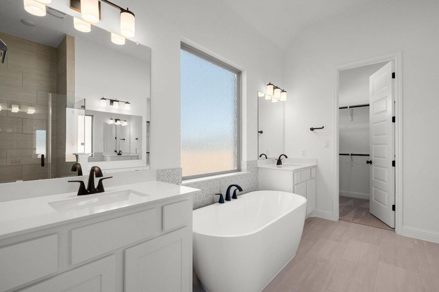 Primary Bath retreat with dual vanities & soaking tub