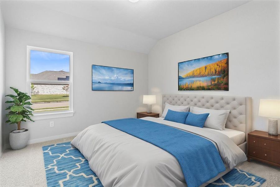 Secondary bedroom features plush carpet, high ceilings, lighting, custom paint and large windows.