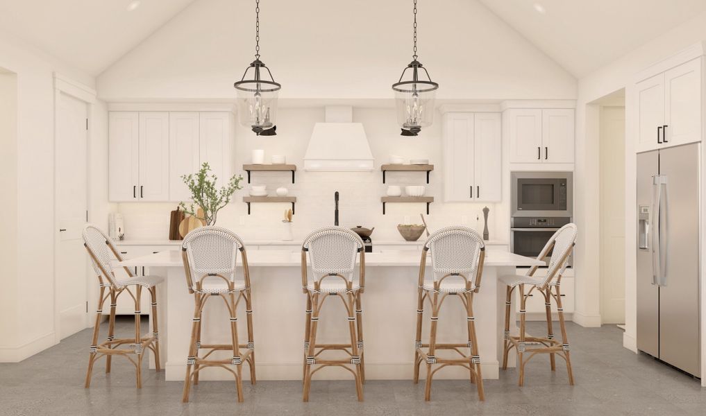 Kitchen with pendant lighting and floating shelves