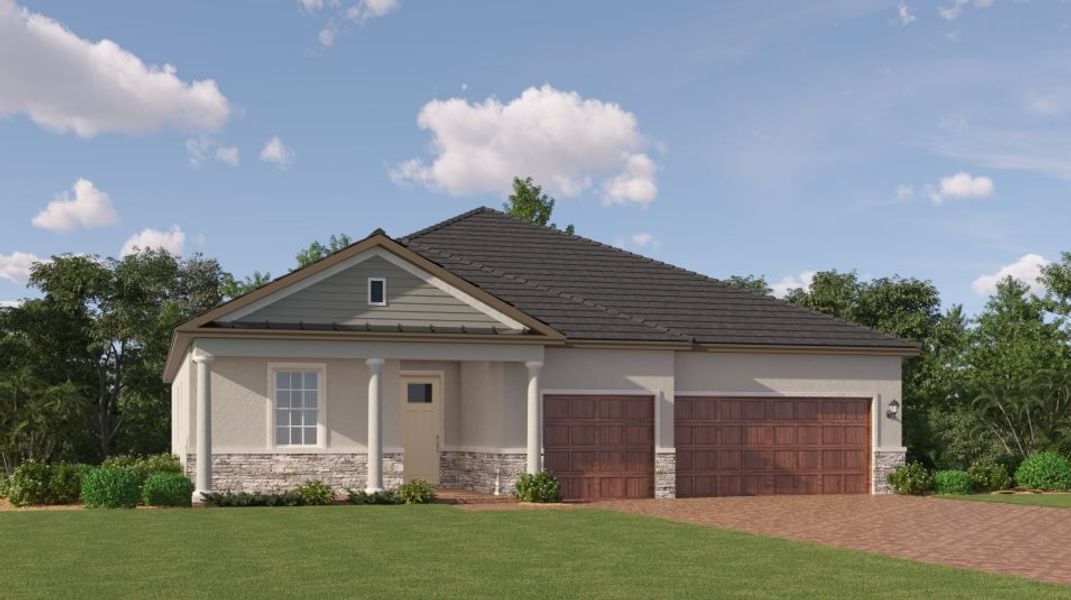 Front exterior of a new home in Angeline Active Adult, Land O' Lakes, FL, highlighting curb appeal (Image 1). Front exterior of a new home in Angeline Active Adult, Land O' Lakes, FL, highlighting curb appeal (Image 1).