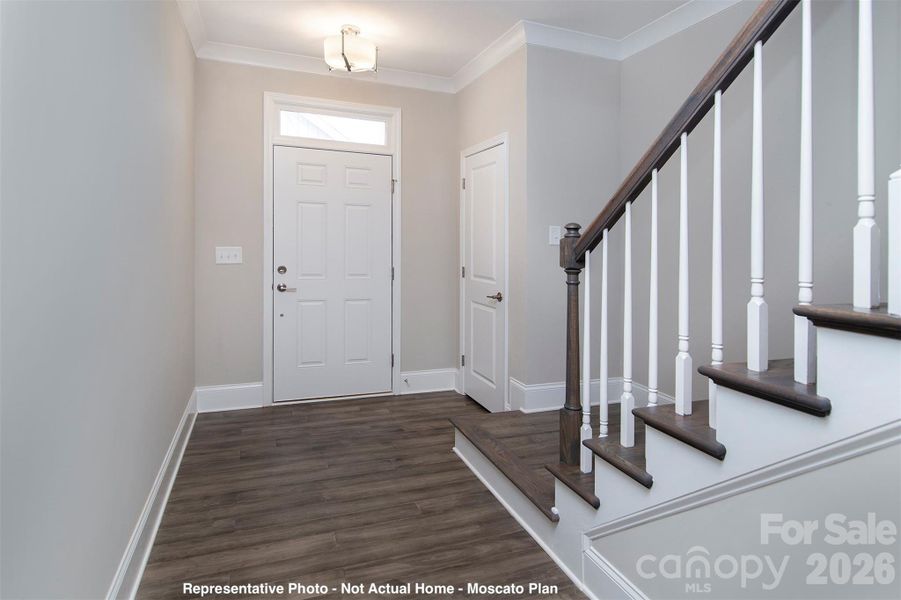 Open wood banister stair railing - Front entry-Moscato Plan