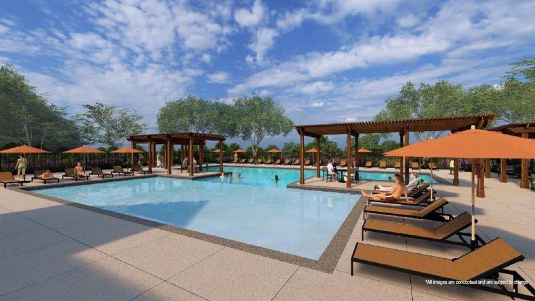 Expansive outdoor swimming pool area featuring a large rectangular pool, surrounding paved decking, and multiple pergolas providing shaded seating