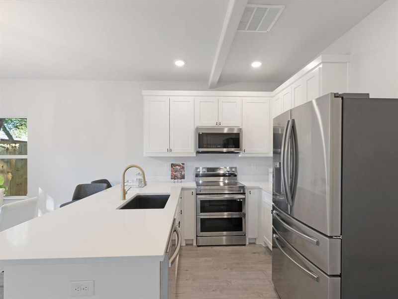 Kitchen featuring stainless steel appliances, sink, kitchen peninsula, light hardwood / wood-style flooring, and white cabinets