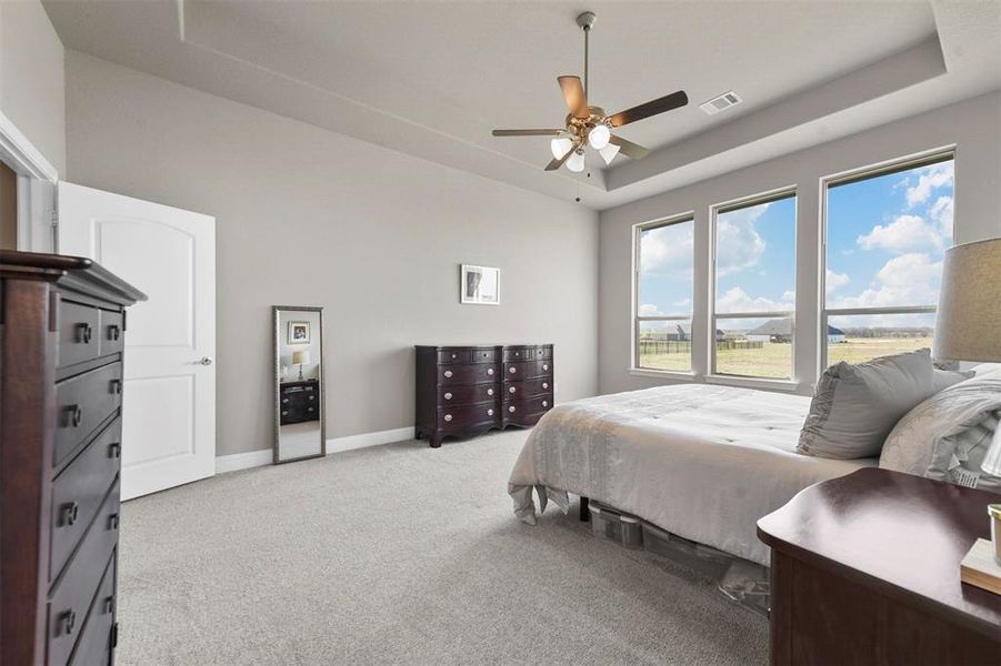 Bedroom with a raised ceiling, ceiling fan, and light carpet