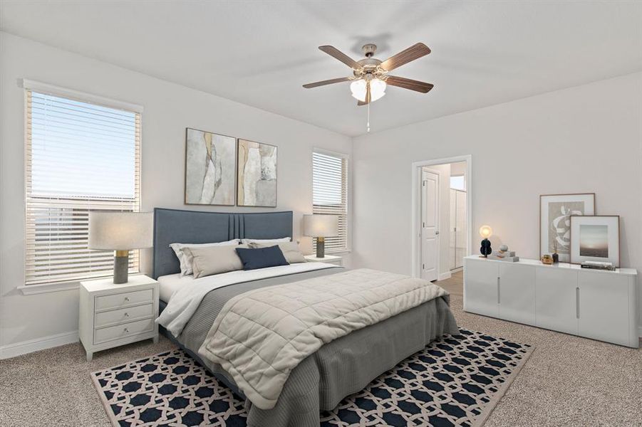 Bedroom featuring light carpet and ceiling fan