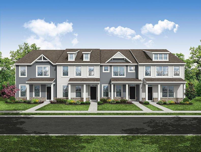 Front exterior of a new home in Enclave at Traditions Townhomes, Wake Forest, NC, highlighting curb appeal (Image 1). Front exterior of a new home in Enclave at Traditions Townhomes, Wake Forest, NC, highlighting curb appeal (Image 1).