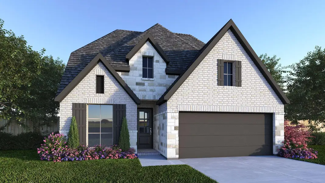 Front exterior of a new home in Audubon Park 45', Magnolia, TX, highlighting curb appeal (Image 1).