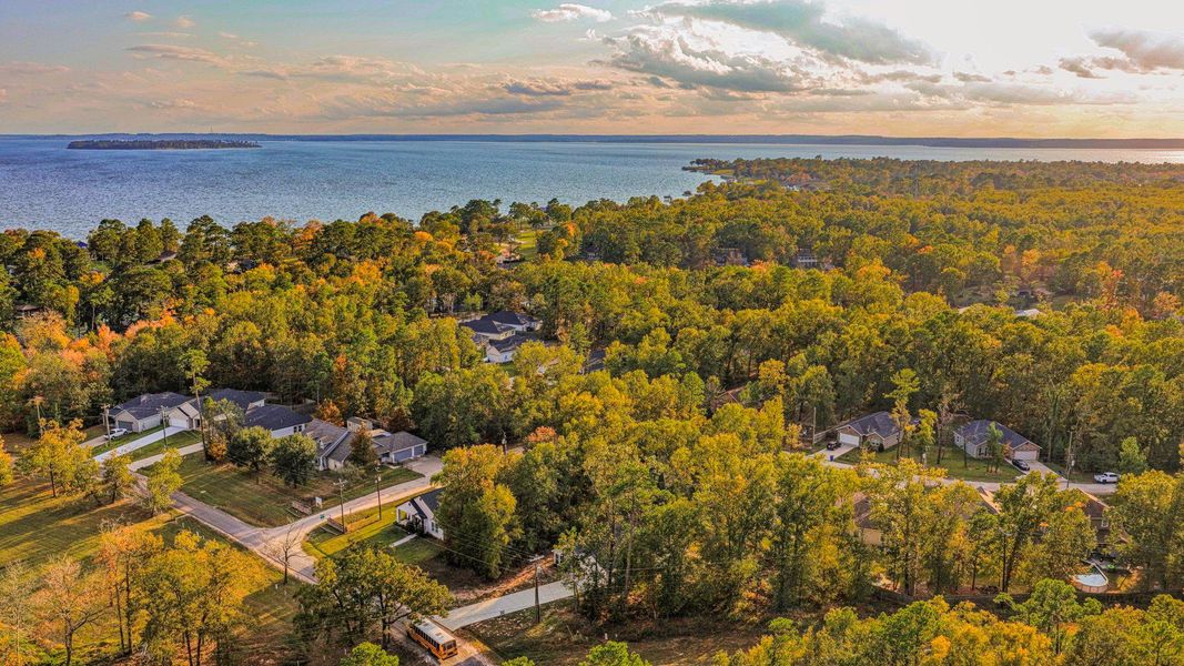 This aerial photo showcases a serene residential area nestled among lush trees, with a stunning lake view in the background. The neighborhood features spacious homes and winding roads, offering a peaceful, nature-rich setting ideal for those seeking tranquility and scenic beauty.