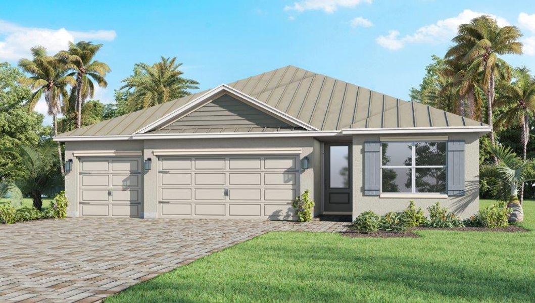 Front exterior of a new home in Riverwalk of Cocoa, Cocoa, FL, highlighting curb appeal (Image 1).