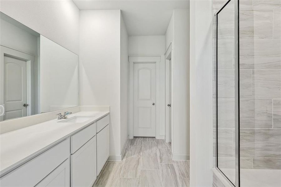 Bathroom featuring a shower with door and vanity