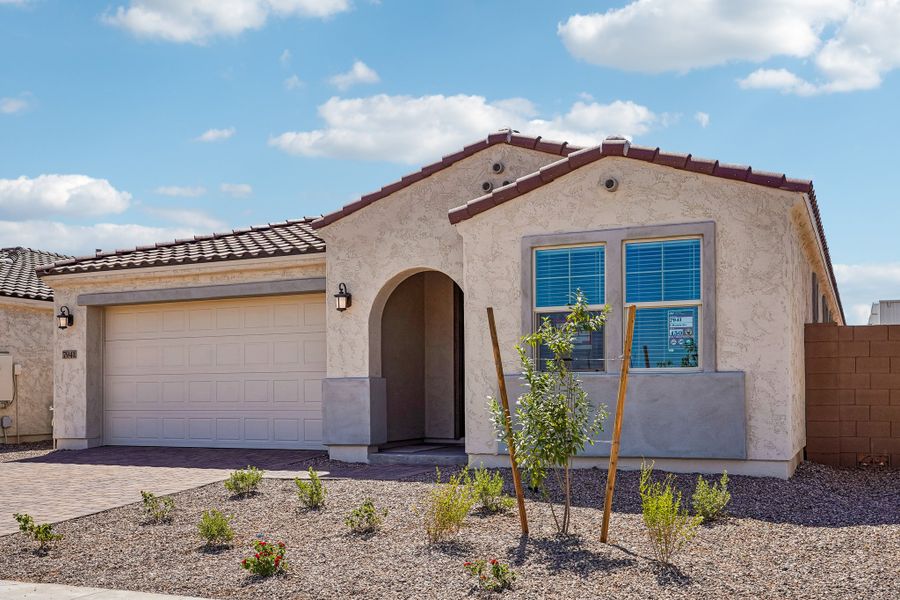 Front exterior of a new home in Hawes Crossing, Mesa, AZ, highlighting curb appeal (Image 24).