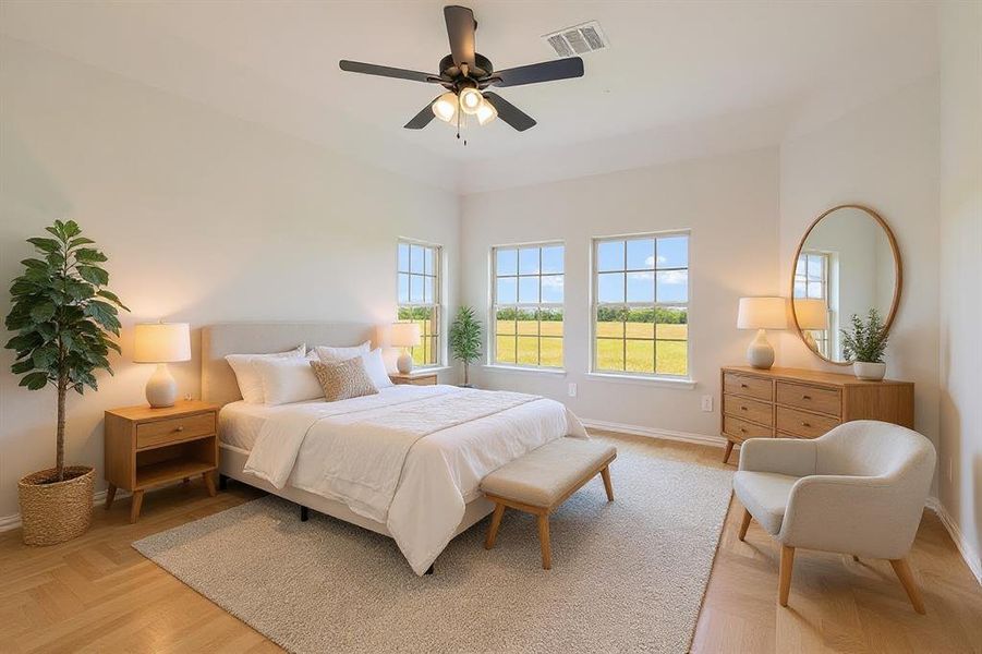 Bedroom with baseboards and a ceiling fan