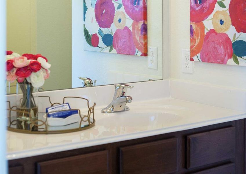 Staged bathroom in the Driftwood plan with painting and vase with cultured marble sink and dark cabinets