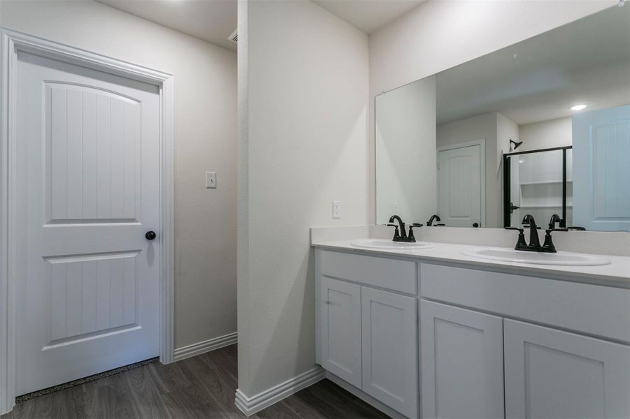 Bathroom with wood finished floors, a sink, a shower stall, and double vanity Bathroom with wood finished floors, a sink, a shower stall, and double vanity
