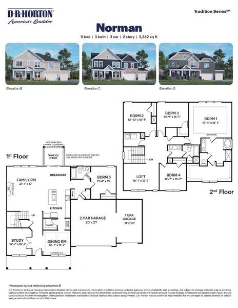 2D floor plan layout for the Norman by D.R. Horton in The Manors at Winston Pointe, Clayton, NC (Image 3).