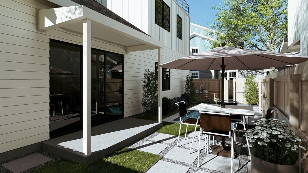 Private outdoor patio featuring a concrete slab and artificial turf squares