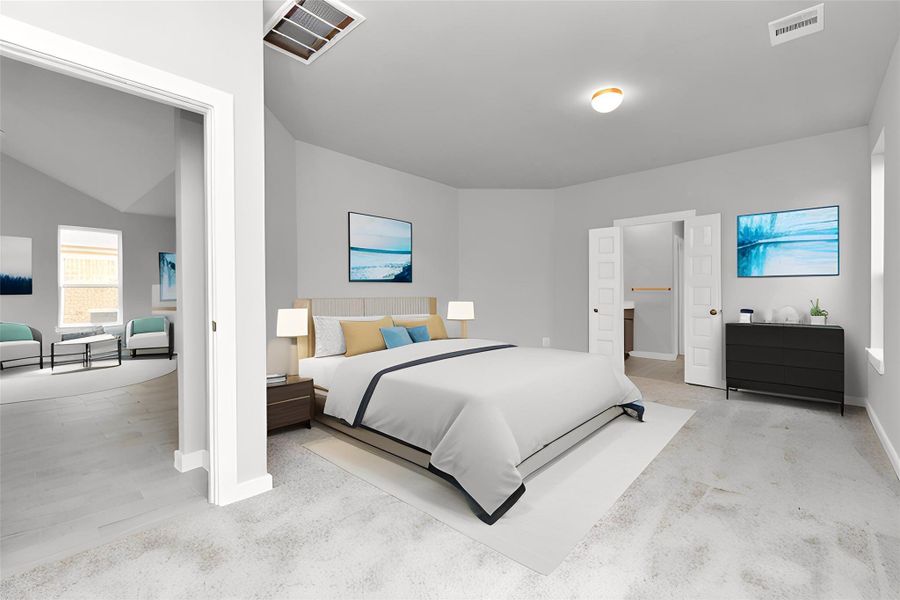 Escape to tranquility in this spacious primary room, adorned with plush carpeting and bathed in the soothing hues of warm paint colors, creating a cozy retreat for relaxation. Sample photo of completed home with similar floor plan. As-built interior colors and selections may vary. Escape to tranquility in this spacious primary room, adorned with plush carpeting and bathed in the soothing hues of warm paint colors, creating a cozy retreat for relaxation. Sample photo of completed home with similar floor plan. As-built interior colors and selections may vary.