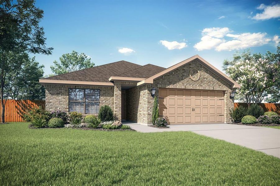 View of front facade with a garage and a front lawn