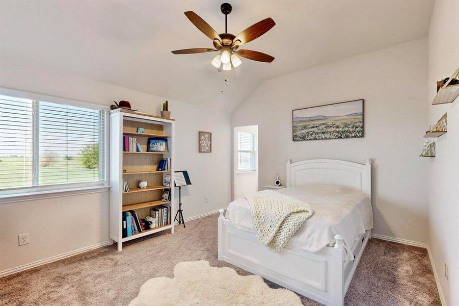 Carpeted bedroom featuring vaulted ceiling and ceiling fan