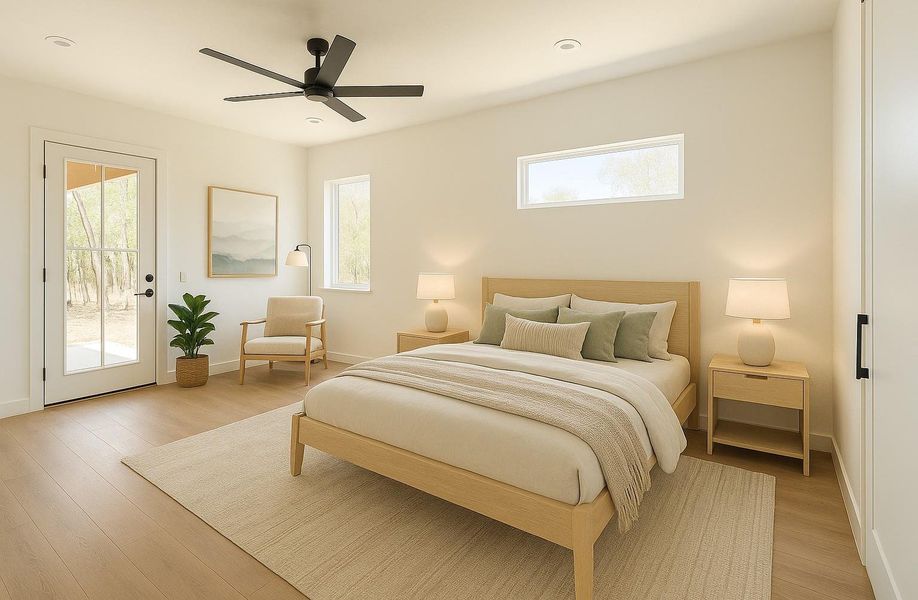 Primary bedroom, virtually staged, with back door access to the covered porch Primary bedroom, virtually staged, with back door access to the covered porch