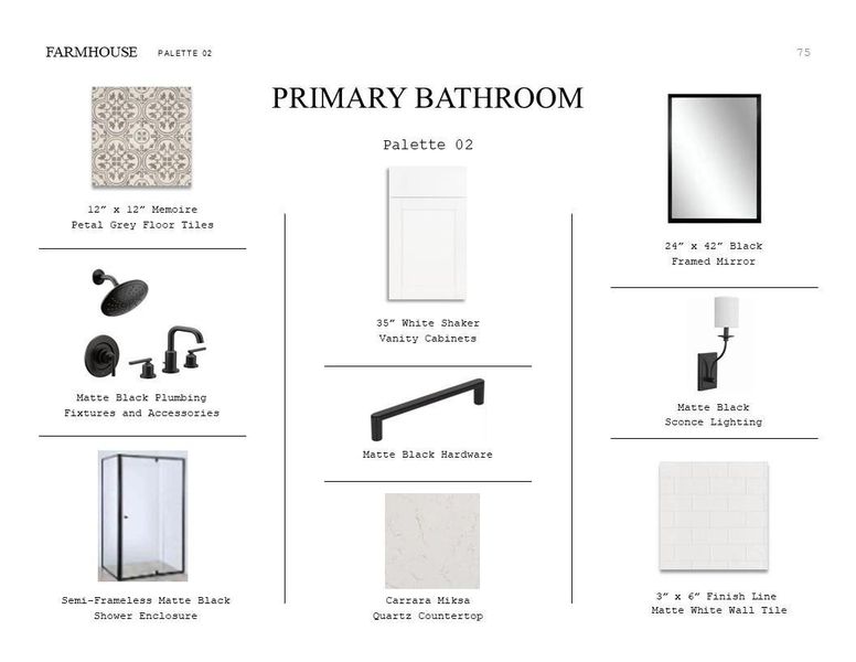 Farmhouse Look Palette 2: Primary Bathroom Selection Sheet (*Artist rendering used for illustration purposes only.) Farmhouse Look Palette 2: Primary Bathroom Selection Sheet (*Artist rendering used for illustration purposes only.)