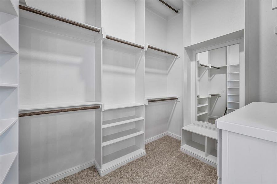 Walk in closet with light colored carpet