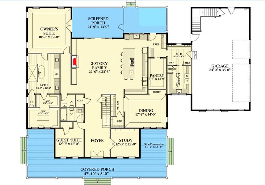 First floor plan features a spacious 2-story family room at the heart of the home, flanked by a large kitchen with prep area and walk-in pantry. The owner's suite offers luxury and privacy.