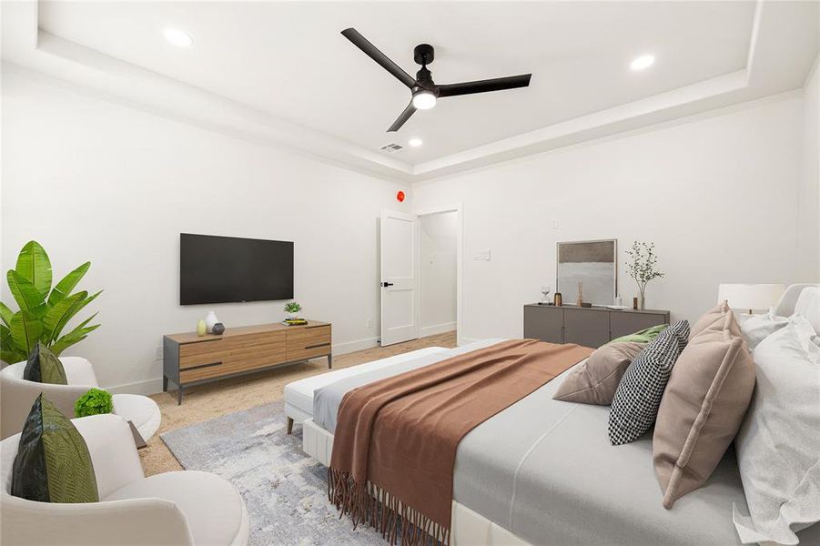 This is a virtually staged bedroom featuring a modern design with neutral tones. It has a ceiling fan, recessed lighting, and a minimalist aesthetic with a TV on the wall, a bed with accent pillows and throw, and decorative plants. A clean, spacious look enhances the room's appeal.