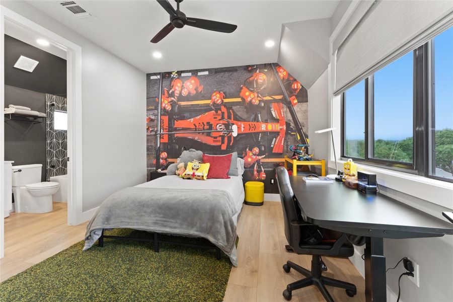 Light wood-finish flooring complements the neutral wall tones Light wood-finish flooring complements the neutral wall tones