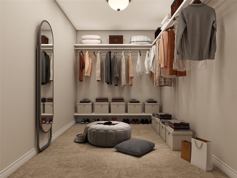 Walk-in closet is the size of a small bedroom! Tons of hanging space and numerous options to accommodate your storage needs. Example photo, virtually staged