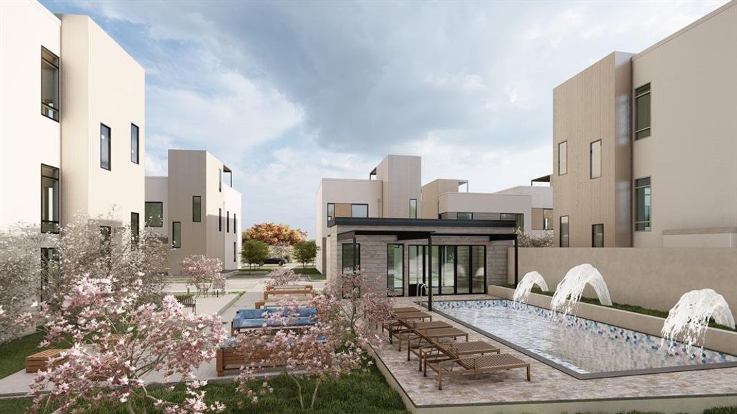 Rear view of house with a patio, stucco siding, and a community pool