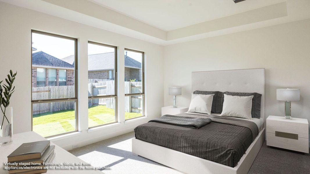 Carpeted bedroom with a tray ceiling Carpeted bedroom with a tray ceiling