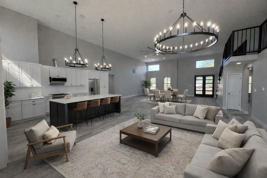 Virtually staged, open living space.